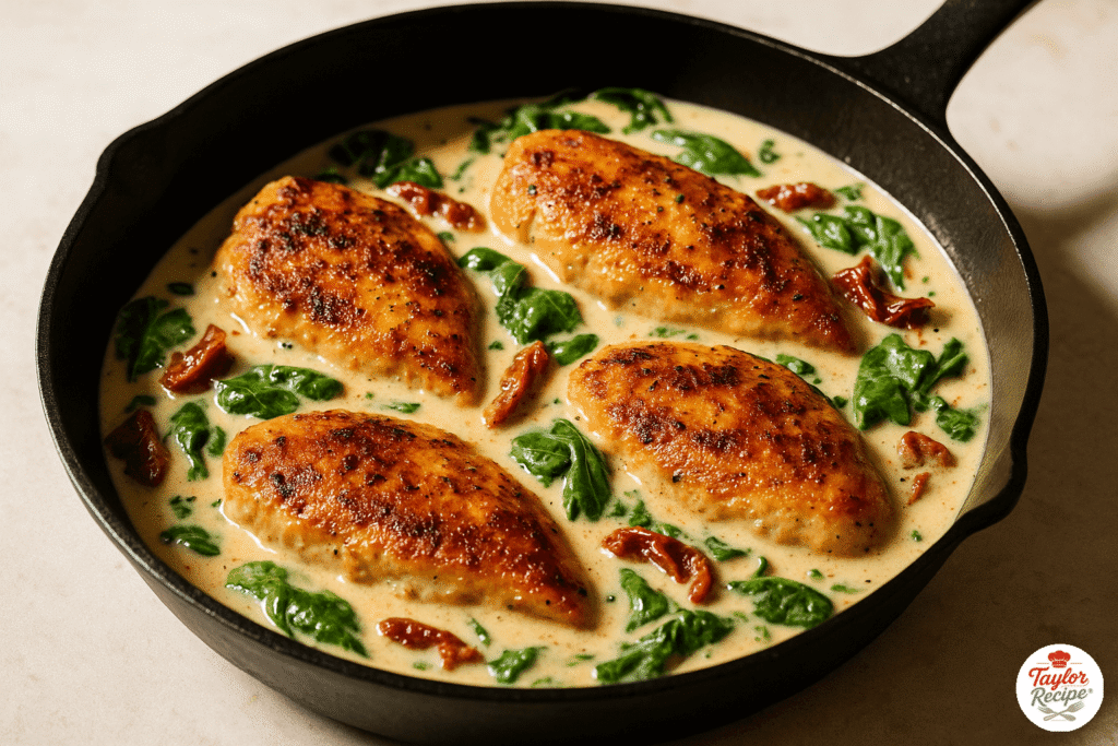 Creamy garlic Tuscan chicken in a skillet with spinach and sun-dried tomatoes