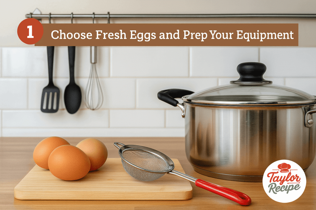 Fresh eggs and kitchen tools prepared to make the perfect poached egg