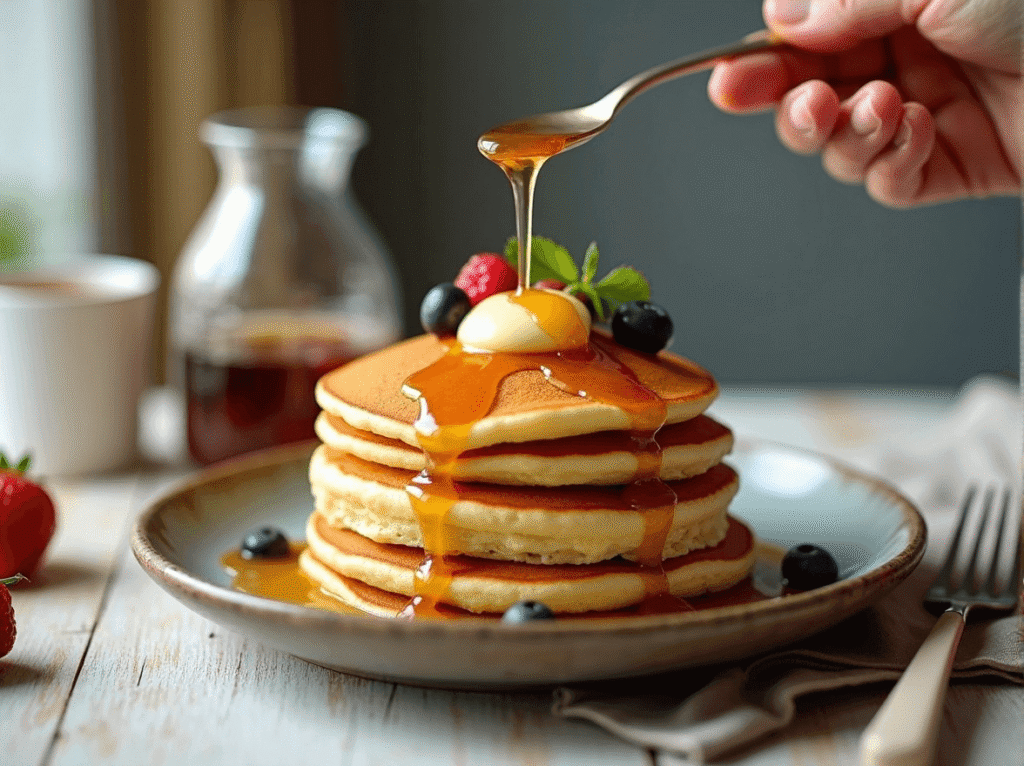 Stack of fluffy buttermilk pancakes topped with maple butter – easy healthy breakfast ideas