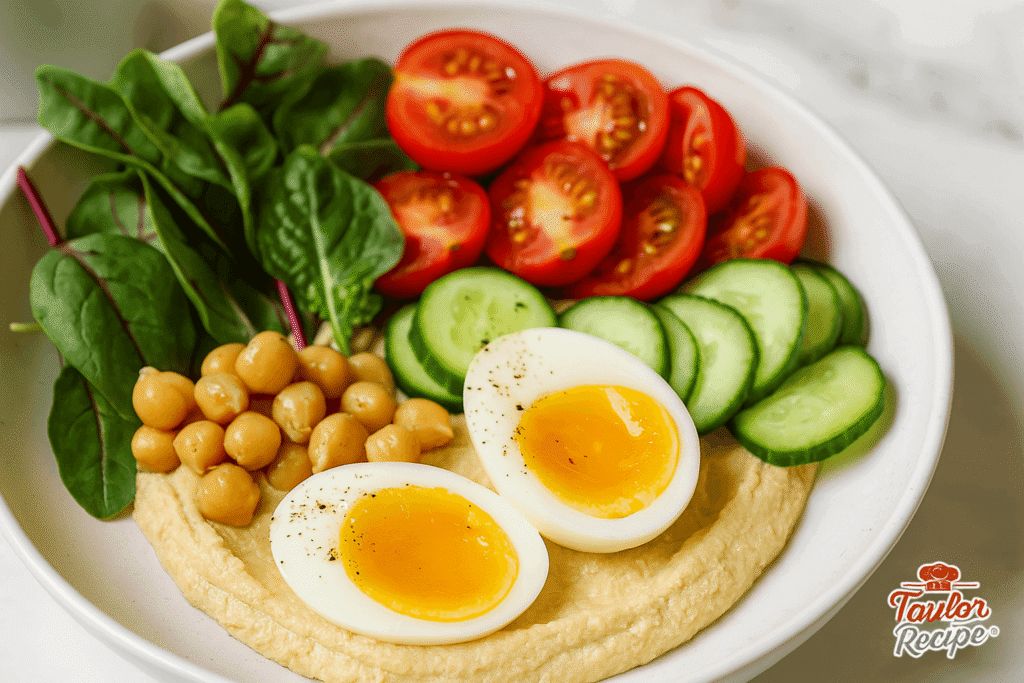Mediterranean breakfast bowl with hummus, eggs, chickpeas, and vegetables, highlighting its high protein and fiber content.