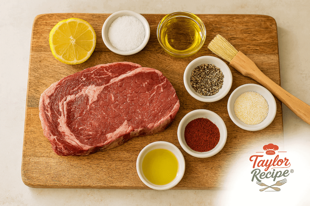 Ingredients for making a flavorful grilled steak, including steak, olive oil, spices, and lemon.