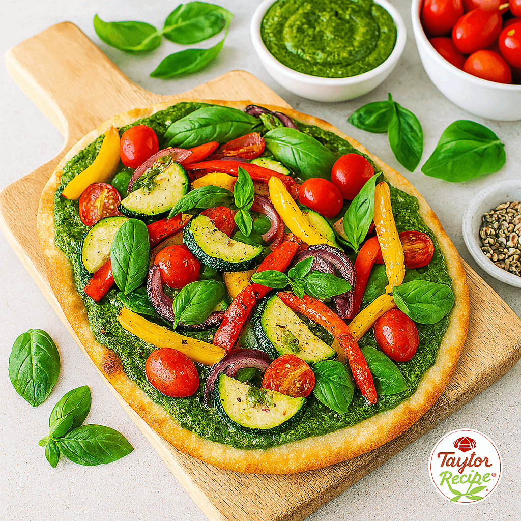 Roasted veggie flatbread topped with colorful vegetables rich in vitamins and antioxidants