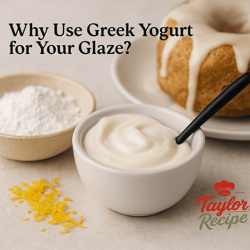 A creamy bowl of thick Greek yogurt with a spoon, next to a cake topped with Greek yogurt glaze