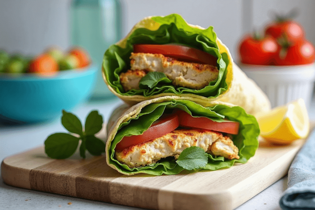 Chicken hummus wrap filled with grilled chicken, hummus, and fresh vegetables on a plate—perfect for a healthy lunch