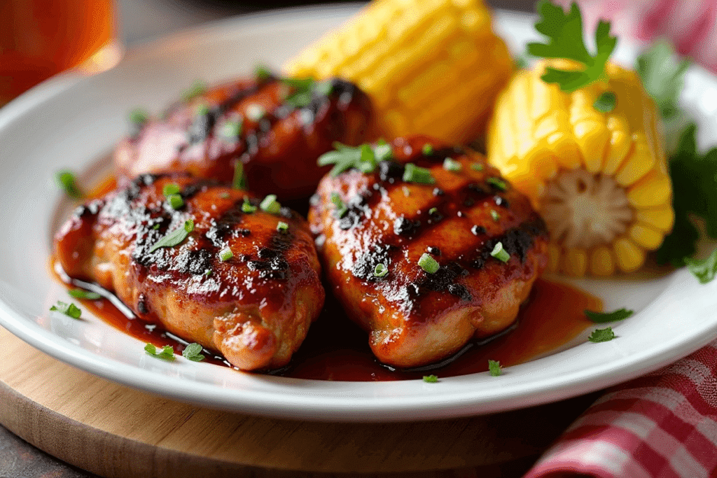 BBQ chicken dinner with grilled corn on the cob on a white plate