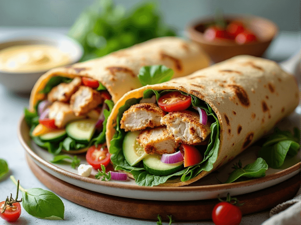 Close-up of sliced chicken hummus wraps filled with grilled chicken, cherry tomatoes, cucumbers, and greens on a plate.