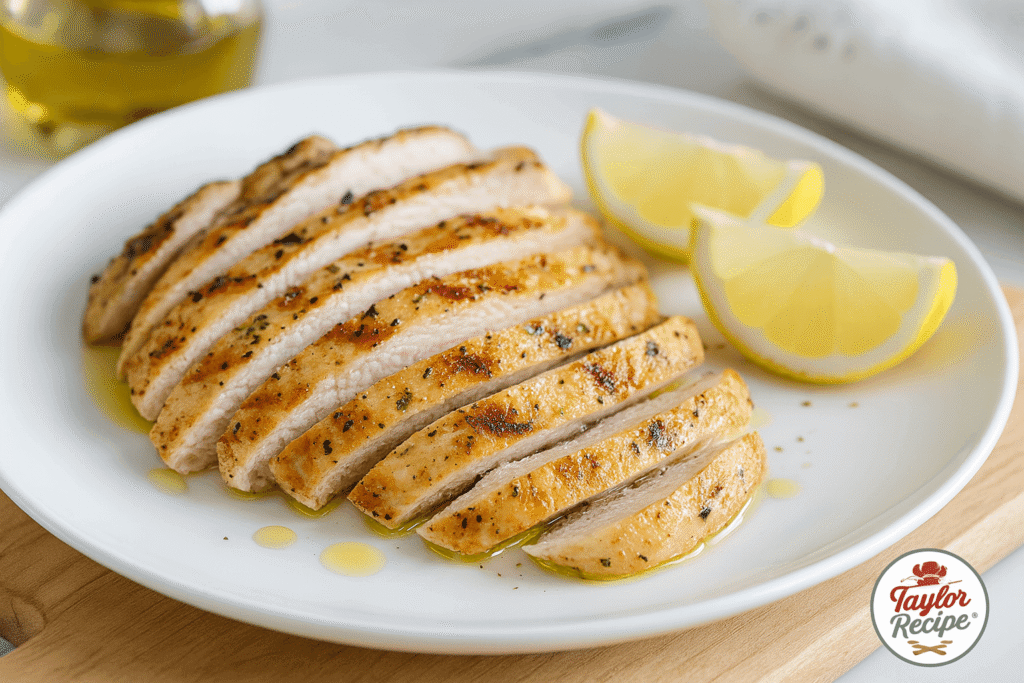 Sliced grilled chicken breast seasoned with herbs and garlic for a chicken hummus wrap