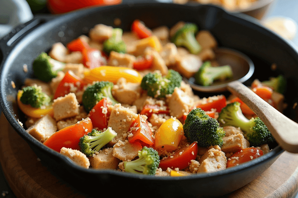 One-pan veggie chicken dinner with broccoli and bell peppers