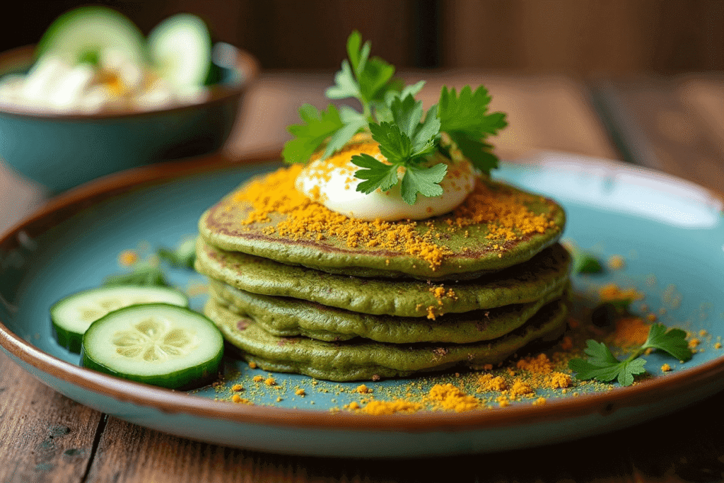 Green tea–infused pancakes dusted with curry powder and served alongside refreshing cucumber raita.