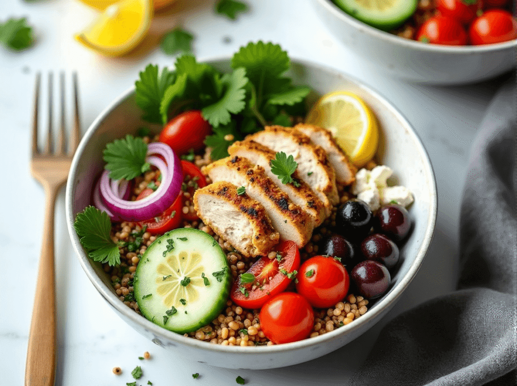 Bowl with sliced grilled chicken, cucumber, cherry tomatoes, red onions, olives, feta, and couscous on a white table. Lunch