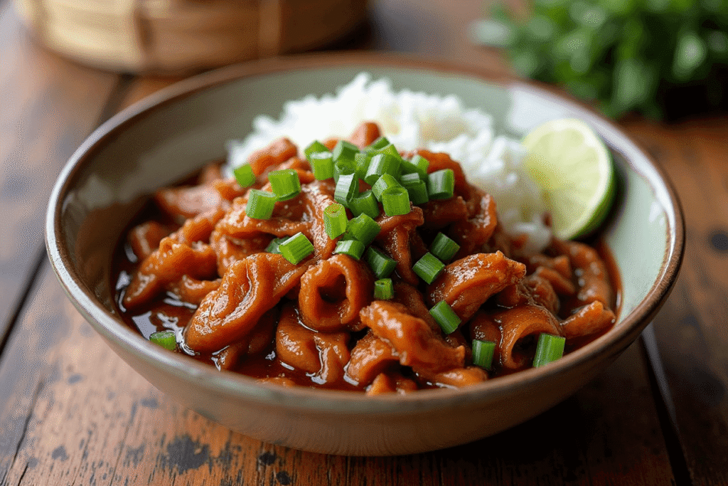 Vegan jackfruit adobo with rice and scallions
