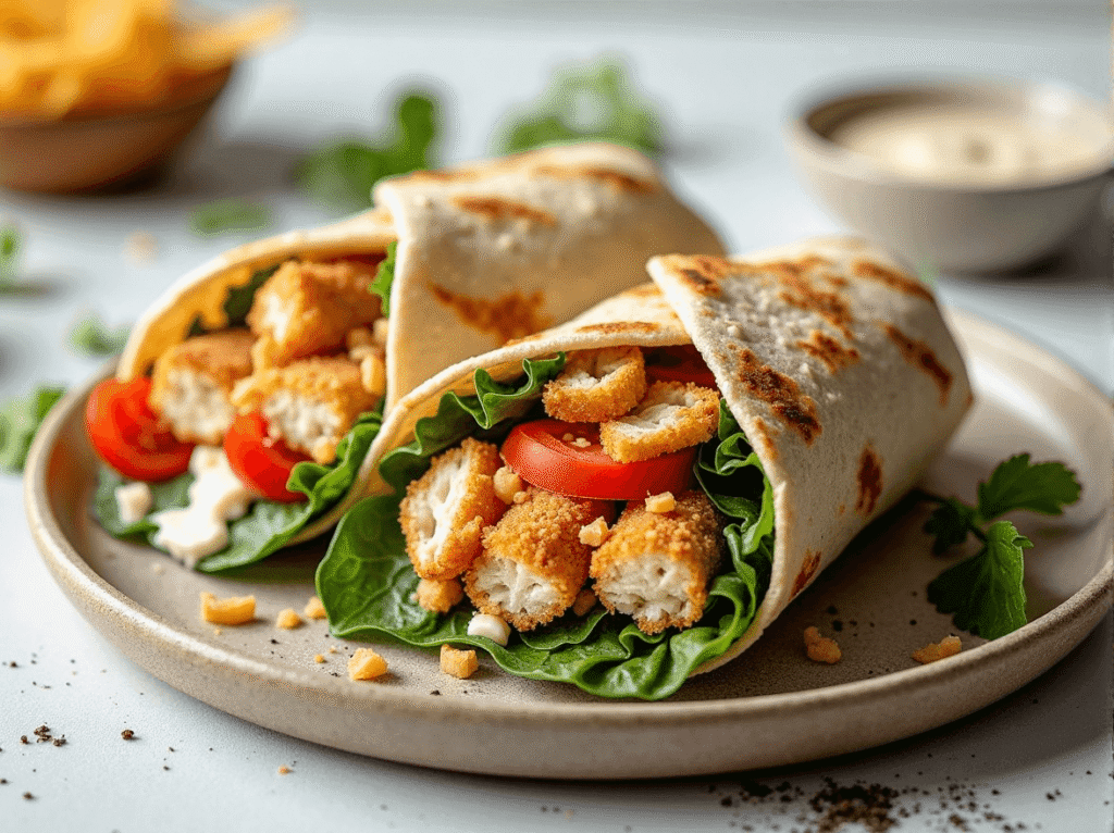 Crispy chicken Caesar wraps with romaine lettuce, tomato slices, and creamy dressing on a beige plate. Lunch