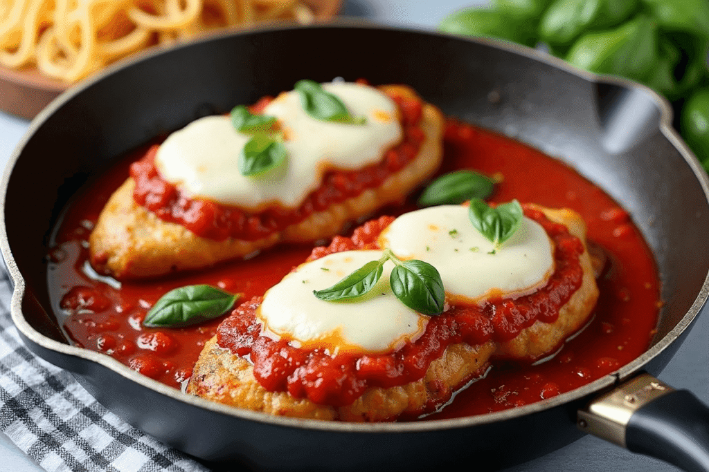 Skillet chicken parmesan in tomato sauce with mozzarella