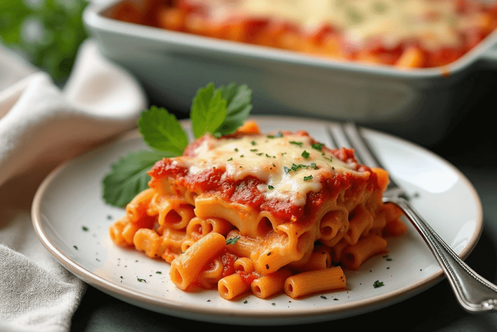 Cheesy baked ziti served with parsley garnish