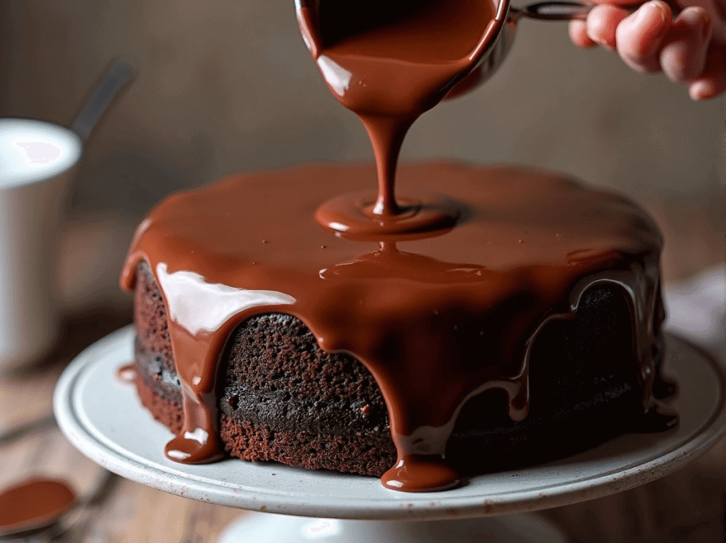Fudge ganache dripping over a chocolate cake