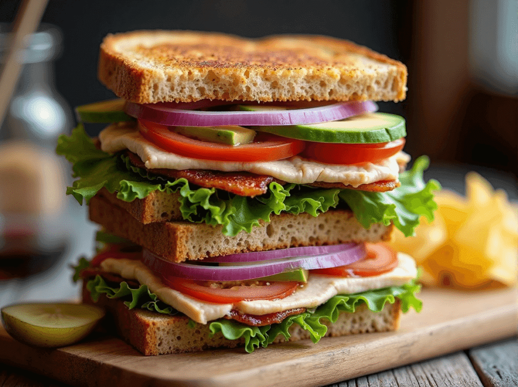 Stacked turkey club sandwich with avocado, lettuce, tomato, red onion, and hummus on whole grain bread. Lunch