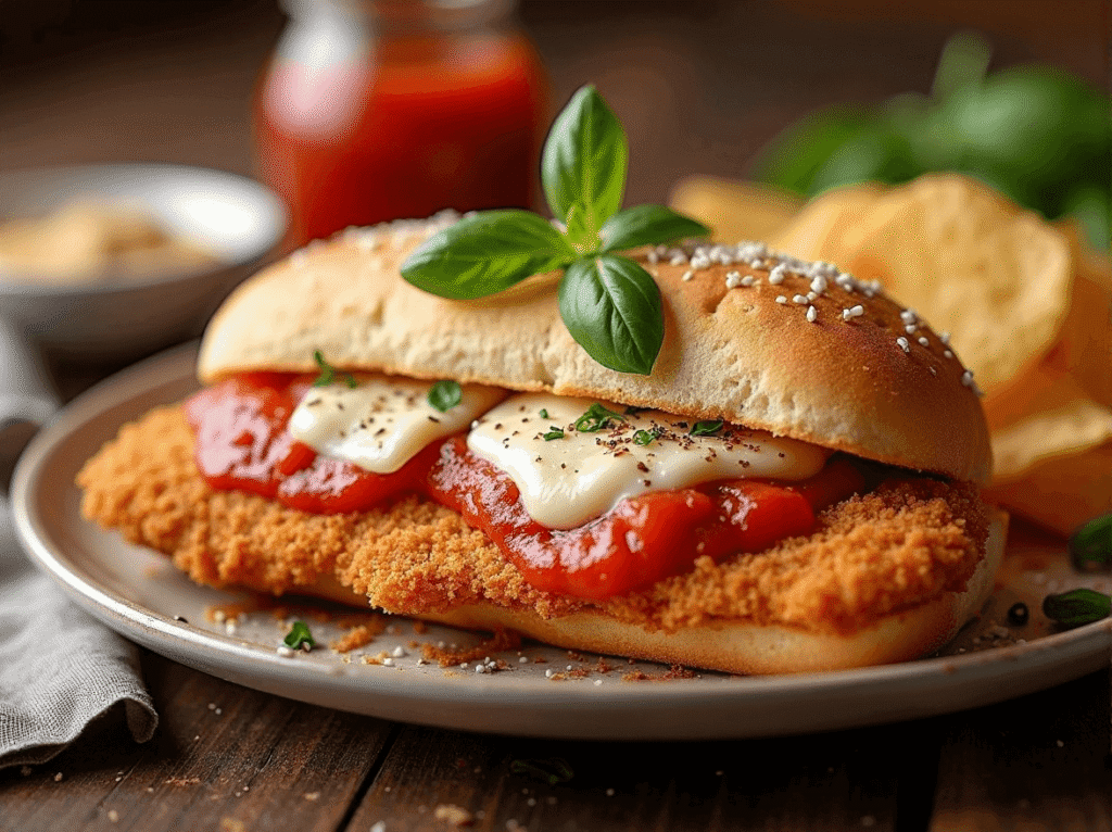 Breaded chicken Parmesan sandwich with marinara, melted mozzarella, and fresh basil on a seeded bun. Lunch