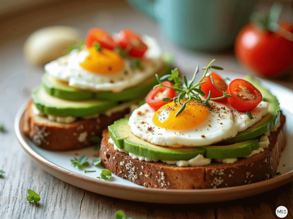 Savory toast with cottage cheese, sliced avocado, and a fried egg