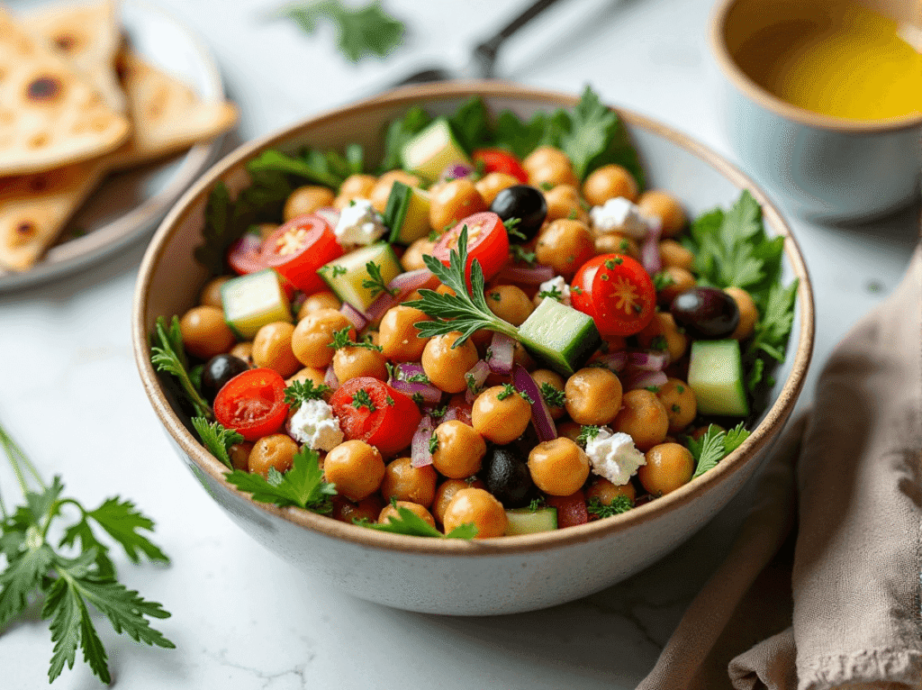 Mediterranean chickpea salad with cherry tomatoes, cucumber, olives, red onion, parsley, and feta cheese in a white bowl. Lunch