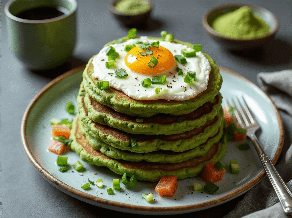 Stack of savory green matcha pancakes with herbs and vegetables
