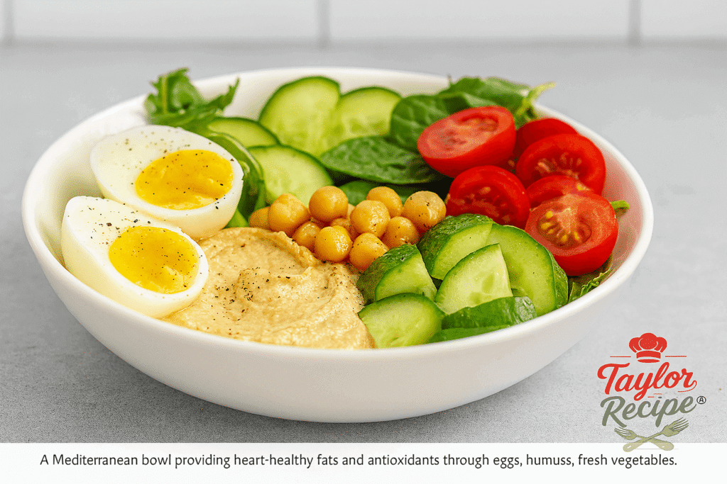 Mediterranean breakfast bowl with wholesome ingredients, reflecting the proven benefits of the Mediterranean diet.