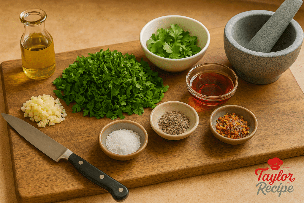 Fresh herbs, garlic, olive oil, and vinegar arranged for making chimichurri sauce.