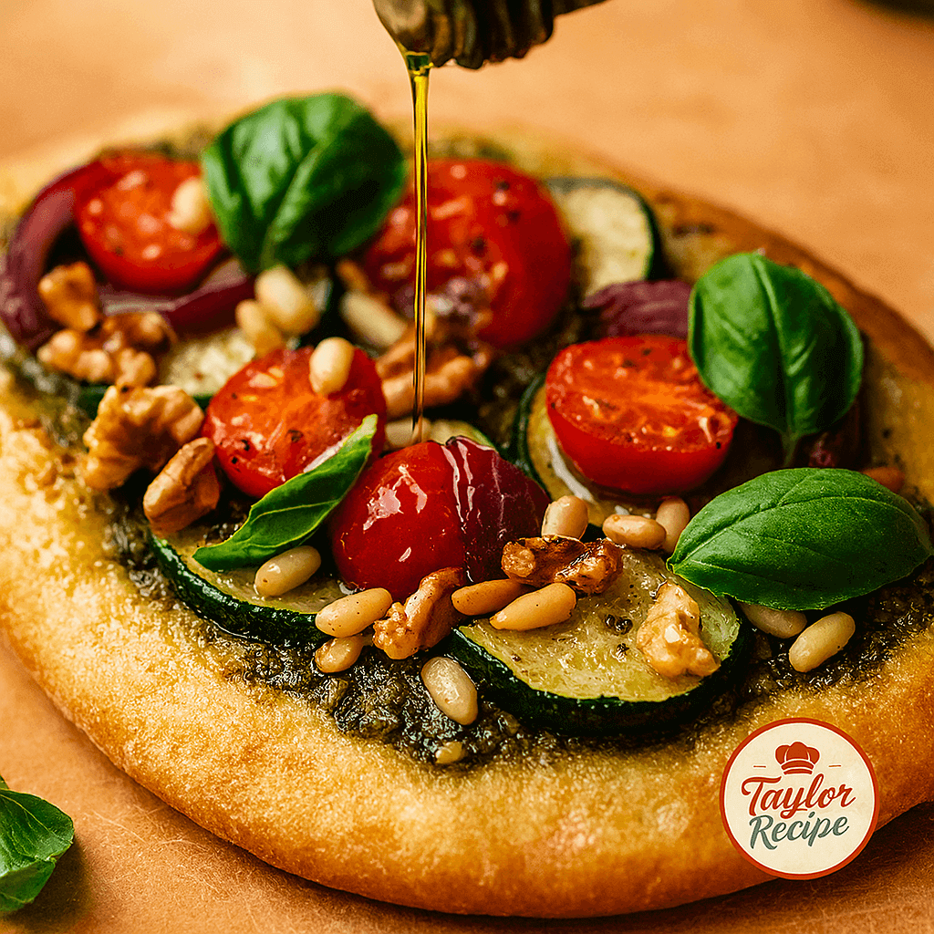 Close-up of flatbread with olive oil drizzle, nuts, herbs, and colorful vegetables