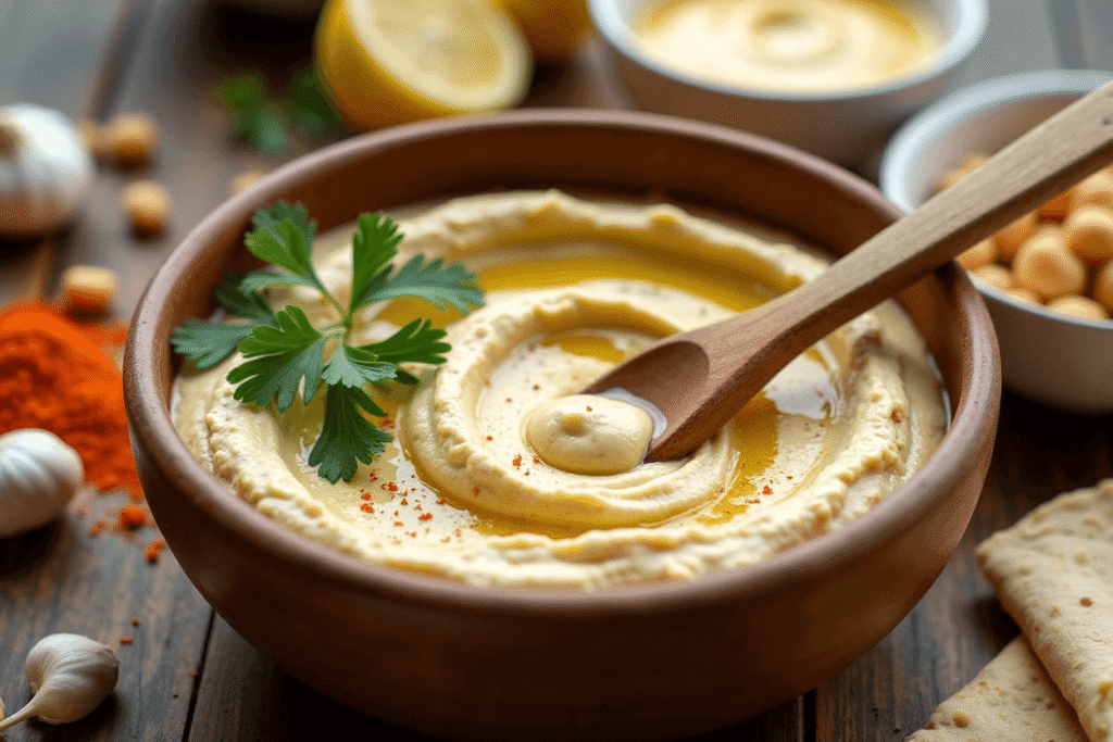 Creamy hummus in a bowl with olive oil and chickpeas—ready to spread in a chicken hummus wrap
