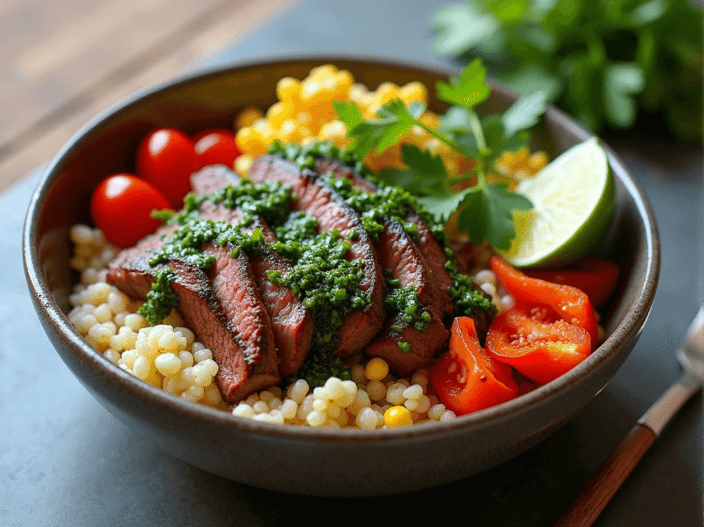Sliced grilled steak topped with chimichurri, served over pearl couscous with corn, tomatoes, and lime in a bowl.