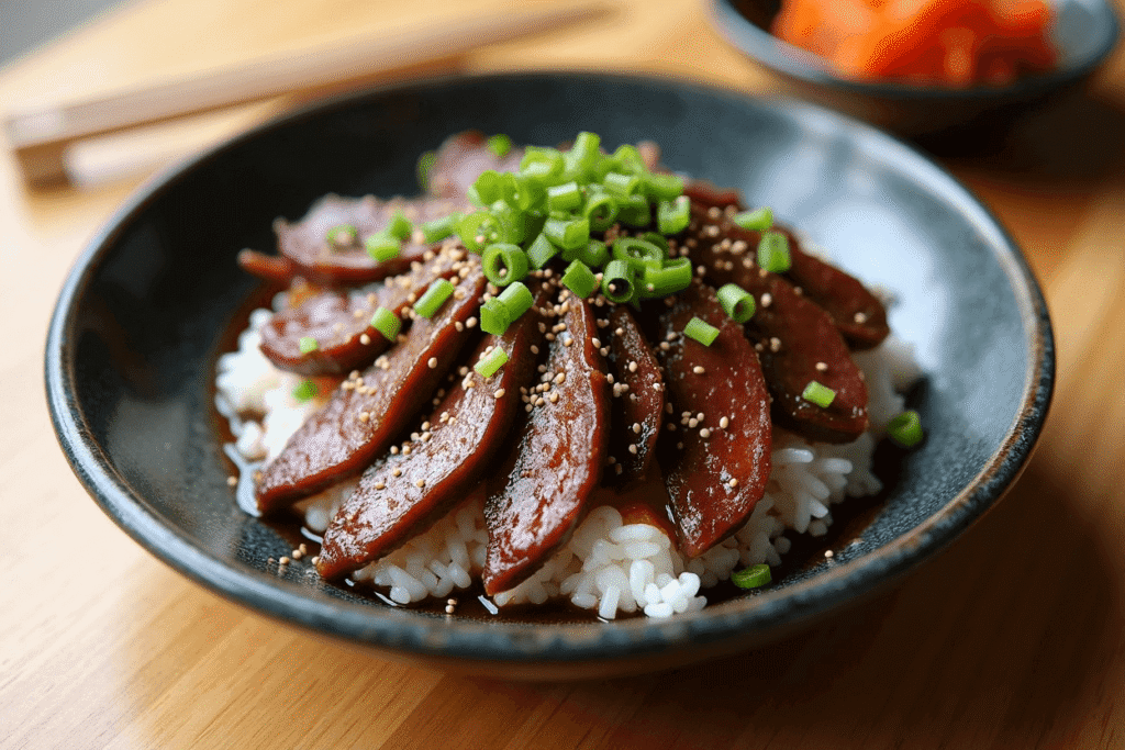 Korean BBQ beef dinner bowl with rice, sesame seeds, and scallions