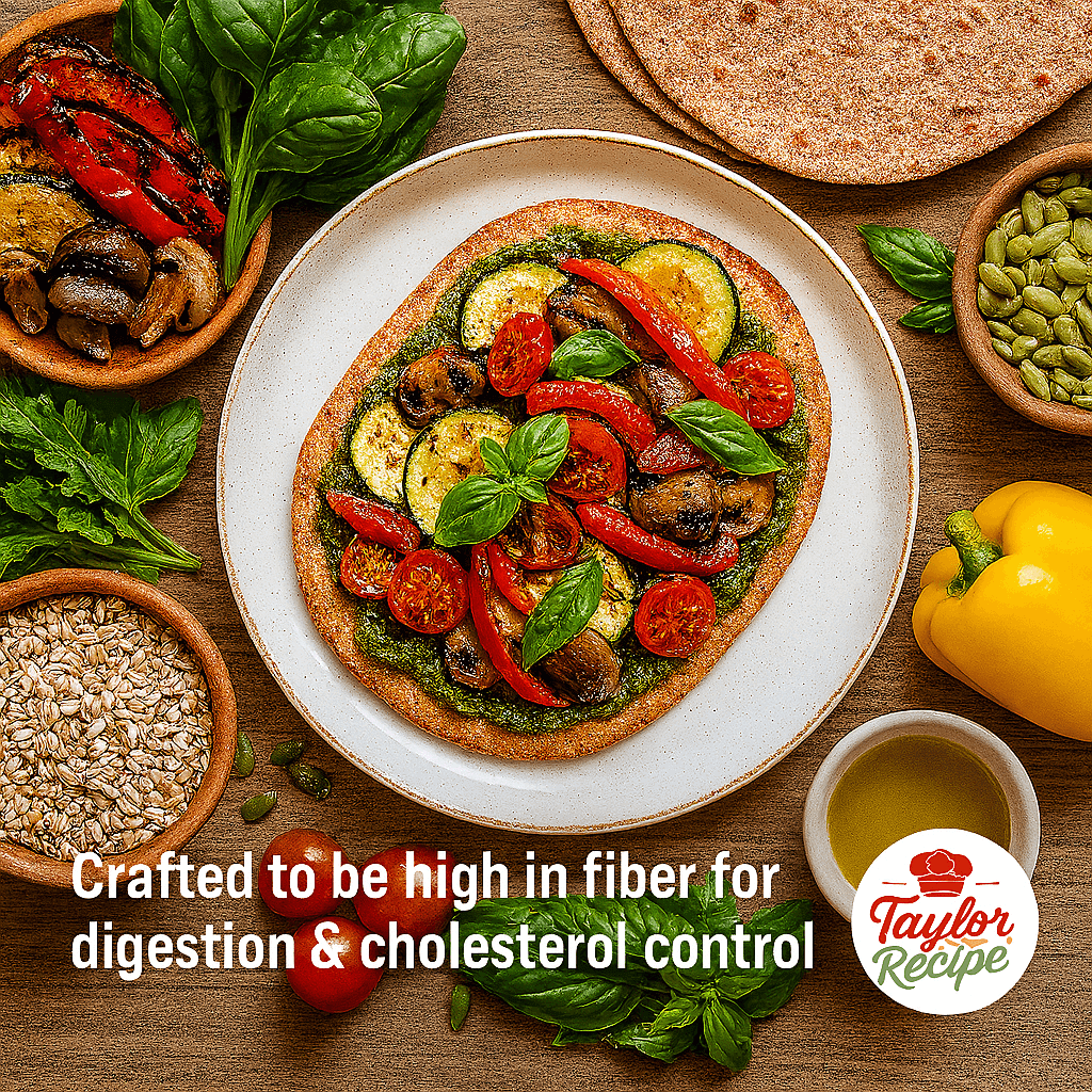 Whole-grain flatbread with greens, vegetables, and seeds rich in fiber