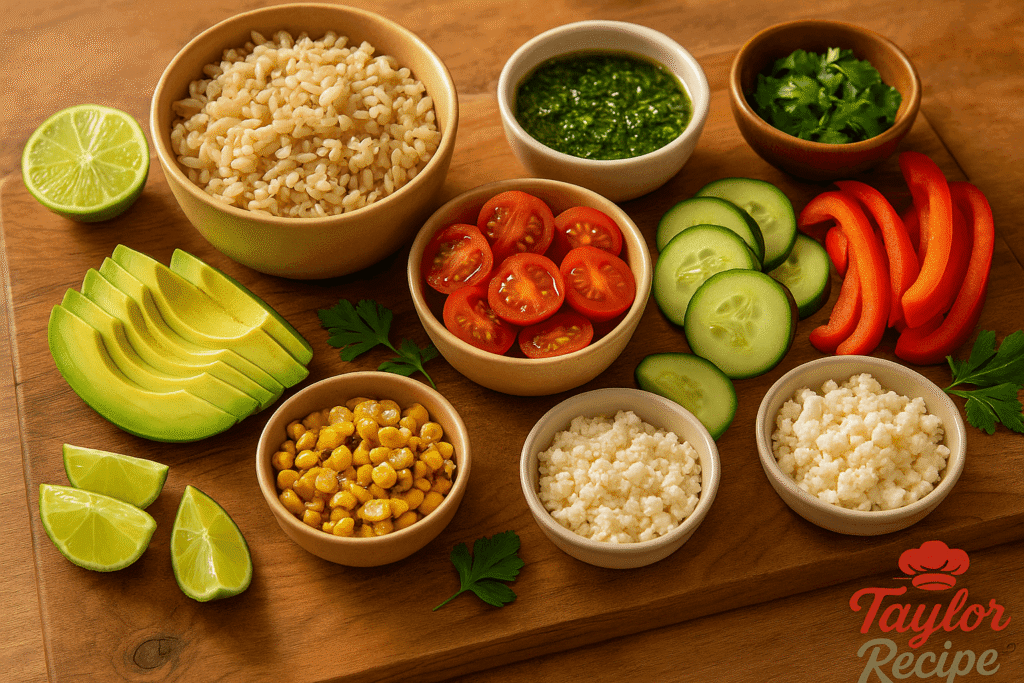 A colorful spread of steak, grains, fresh vegetables, and chimichurri sauce ingredients on a counter.