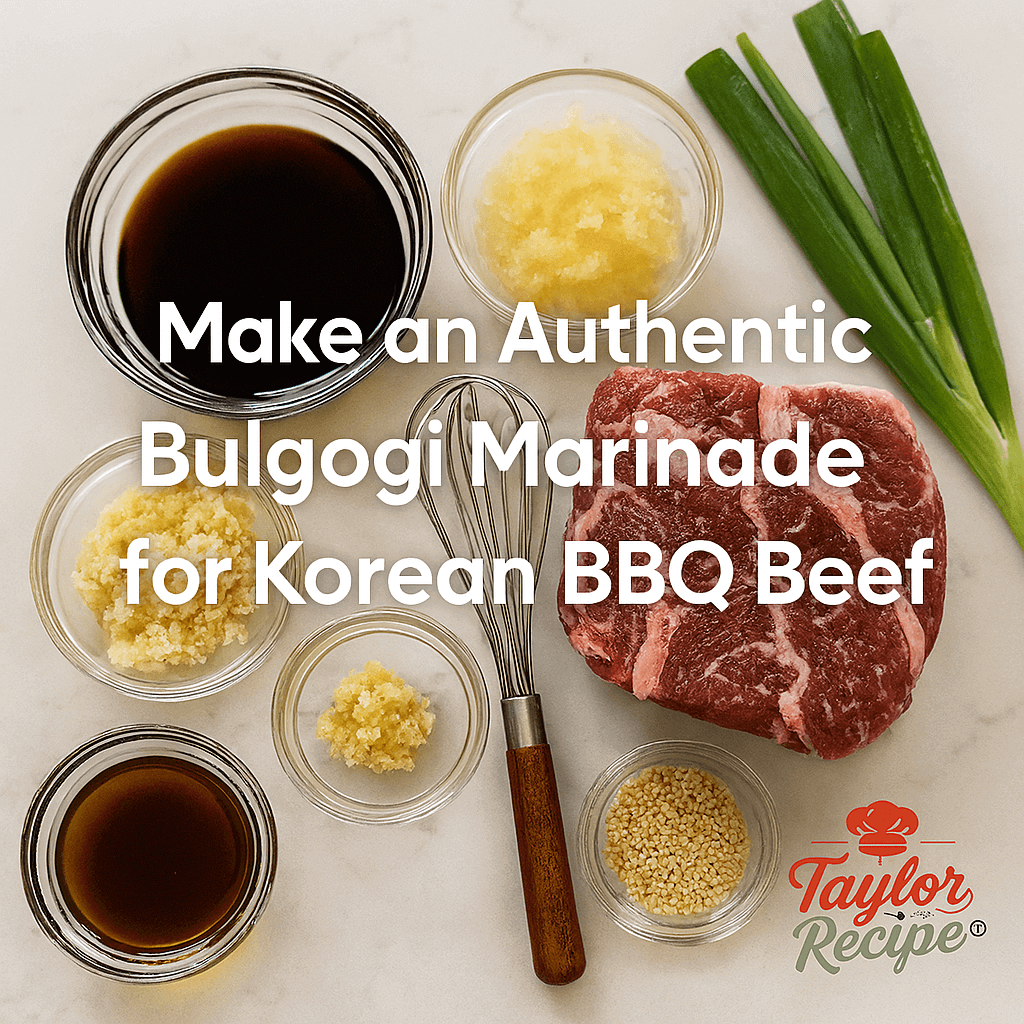 Korean BBQ beef bulgogi slices marinating in a bowl with sauce and green onions.