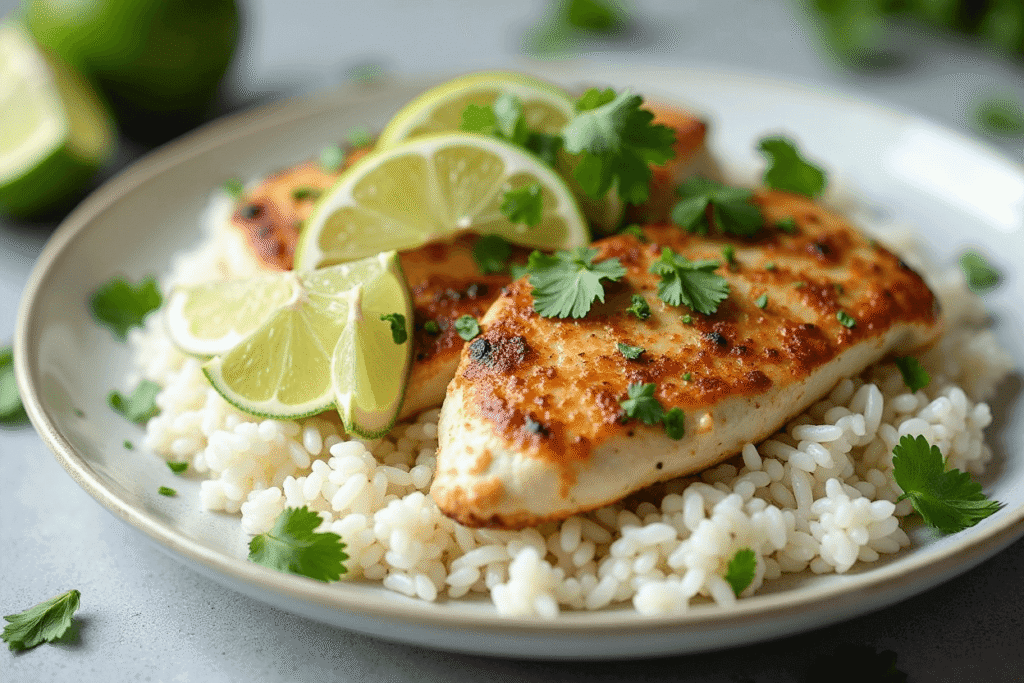 Coconut lime chicken dinner served with rice, cilantro, and lime wedges