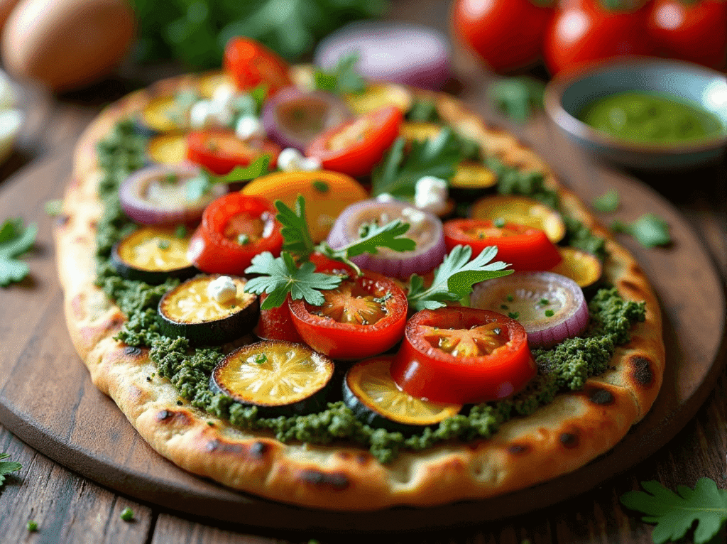 Flatbread topped with colorful roasted vegetables, pesto, red onions, and feta on a wooden board.