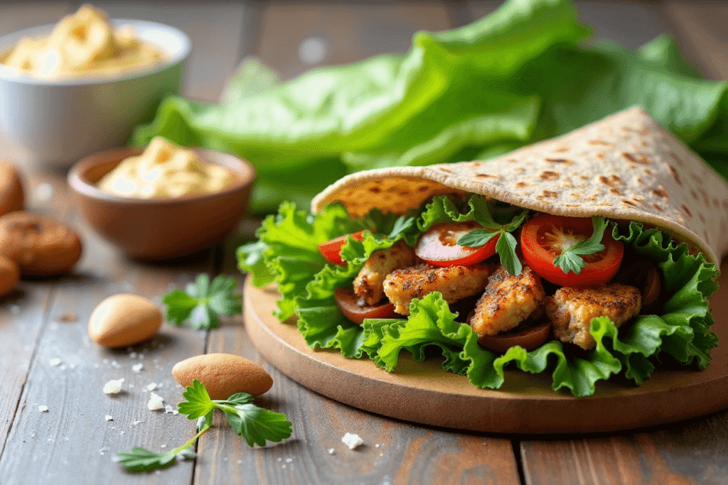 Whole-grain tortillas and crisp lettuce leaves as healthy base options for a chicken