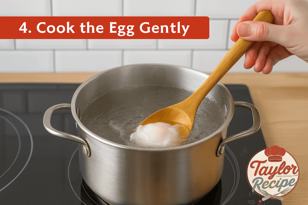 Fine mesh strainer carefully lowering an egg into hot water in a saucepan