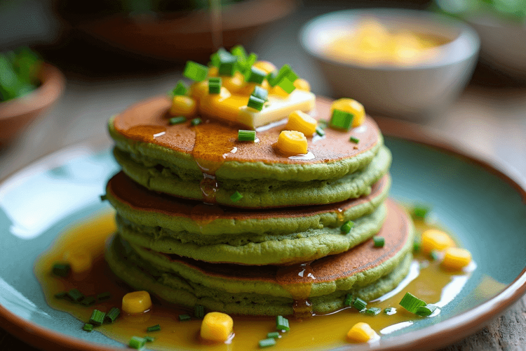 Savoury matcha pancakes topped with sweet corn and fresh chives on a plate.