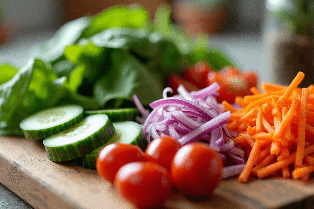 Fresh sliced vegetables including cucumbers, tomatoes, red onions, spinach, and carrots for a chicken hummus wrap
