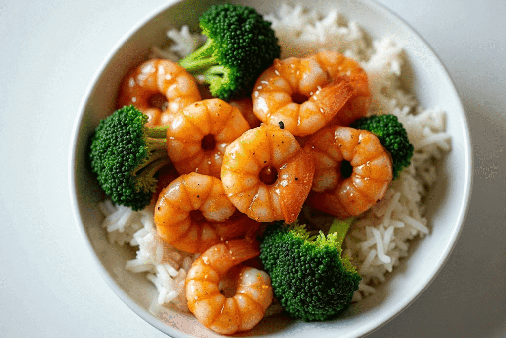 Honey garlic shrimp dinner bowl with rice and steamed broccoli