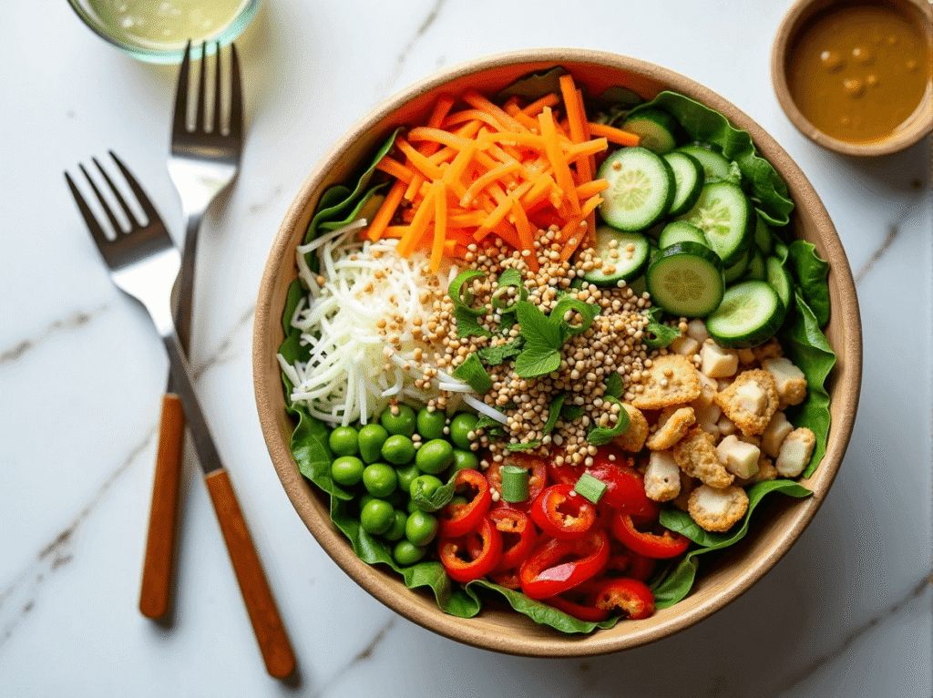 Colorful sesame-ginger salad with shredded carrots, peas, cucumber, noodles, and dressing on a white table.