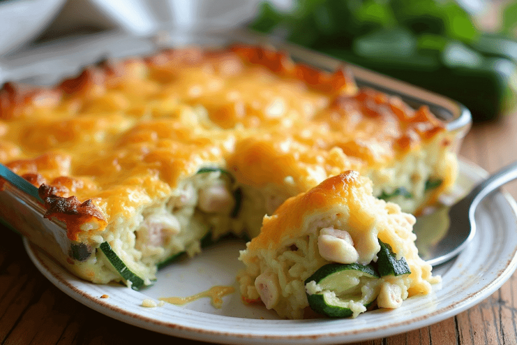 Baked zucchini and turkey dinner casserole with melted cheese topping