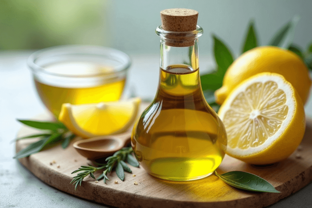 Extra-virgin olive oil and fresh lemon wedges—heart-healthy enhancers for a chicken hummus wrap