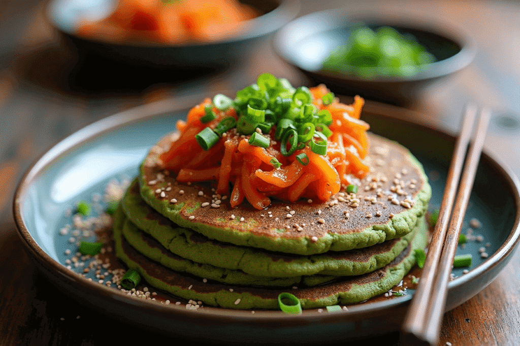 Savoury matcha pancakes with spicy kimchi and sliced scallions on top.