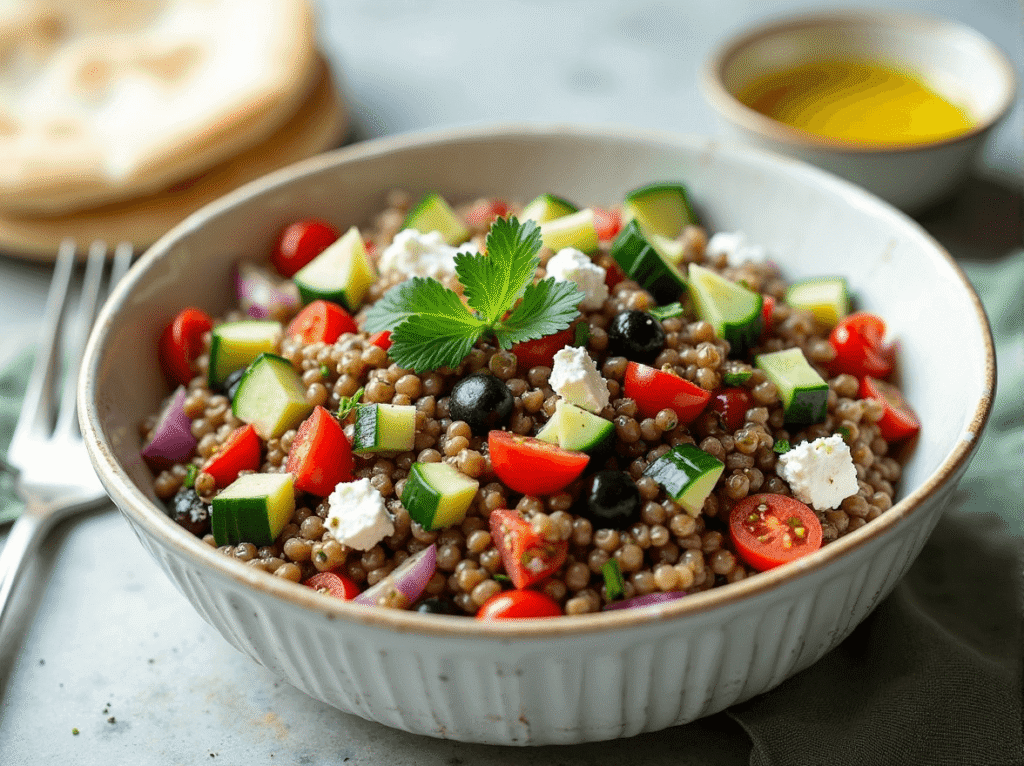 Mediterranean lentil salad with cucumbers, tomatoes, olives, feta, and herbs in a ceramic bowl.
