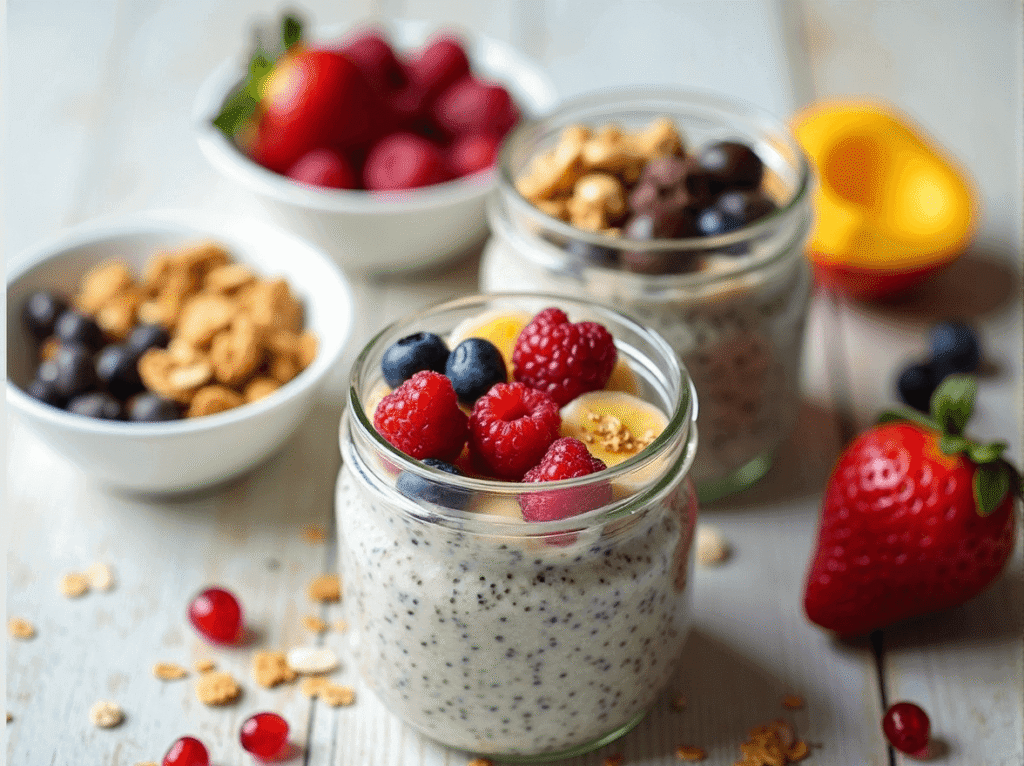 Jar of overnight oats with chia seeds and berries – easy healthy breakfast ideas