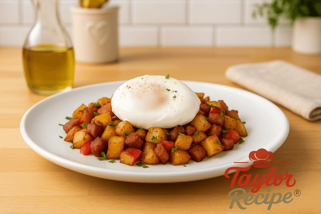 Close-up of a silky yolk spilling over golden breakfast hash with fresh herbs