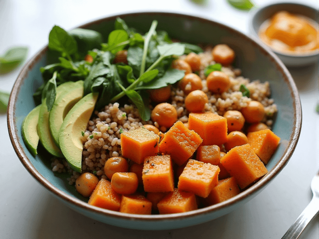 Chickpea and sweet potato bowl with quinoa, avocado slices, and greens in a blue ceramic dish.