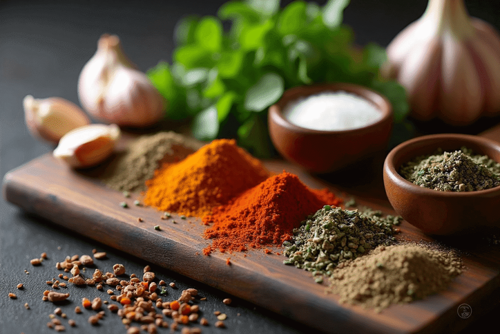 Garlic, cumin, paprika, oregano, and fresh herbs—classic seasonings for a chicken hummus wrap