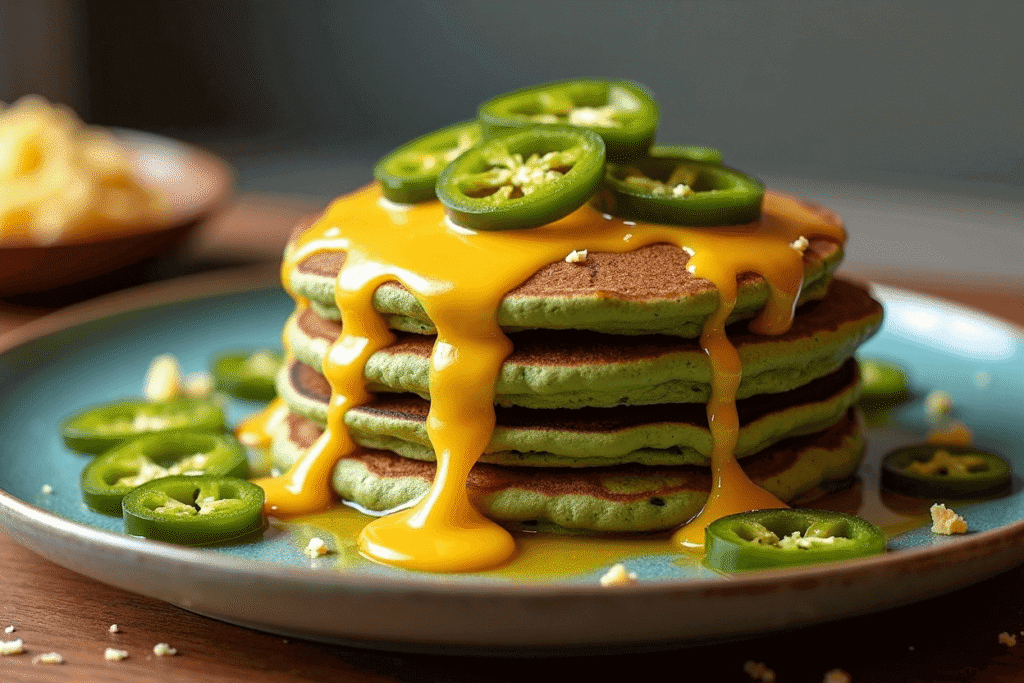 Savoury matcha pancakes with melted cheddar cheese and fresh jalapeño slices.